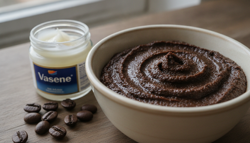 A close-up shot of a small bowl with a mixture of coffee grounds and Vaseline next to a jar of Vaseline and some roasted