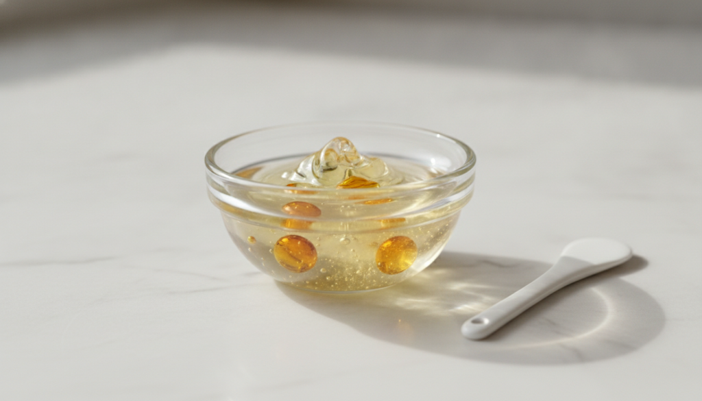 A small clear glass bowl containing a mix of Vaseline and a few drops of vitamin E oil with a small spatula nearby on a 