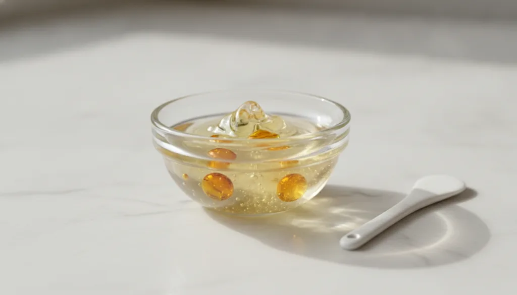 A small clear glass bowl containing a mix of Vaseline and a few drops of vitamin E oil with a small spatula nearby on a 