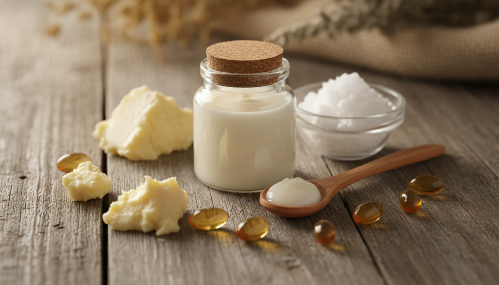 A small elegant jar of homemade night balm with a wooden spoon beside it surrounded by natural ingredients like shea but