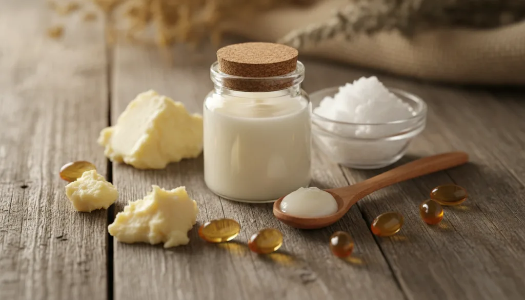 A small elegant jar of homemade night balm with a wooden spoon beside it surrounded by natural ingredients like shea but