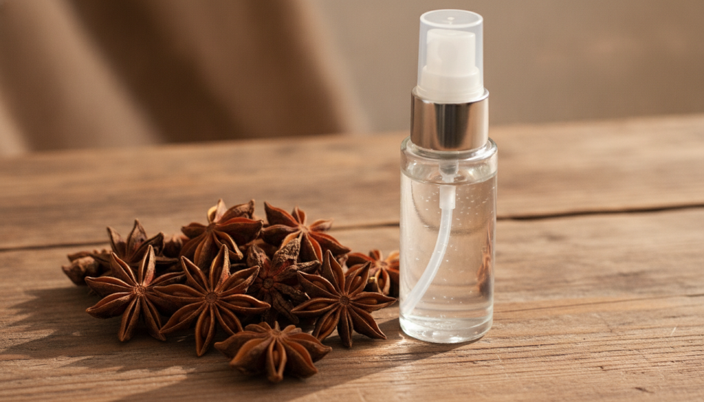 A beautiful close-up of dried star anise pods and a small bottle of homemade facial mist with a spray top surrounded by 