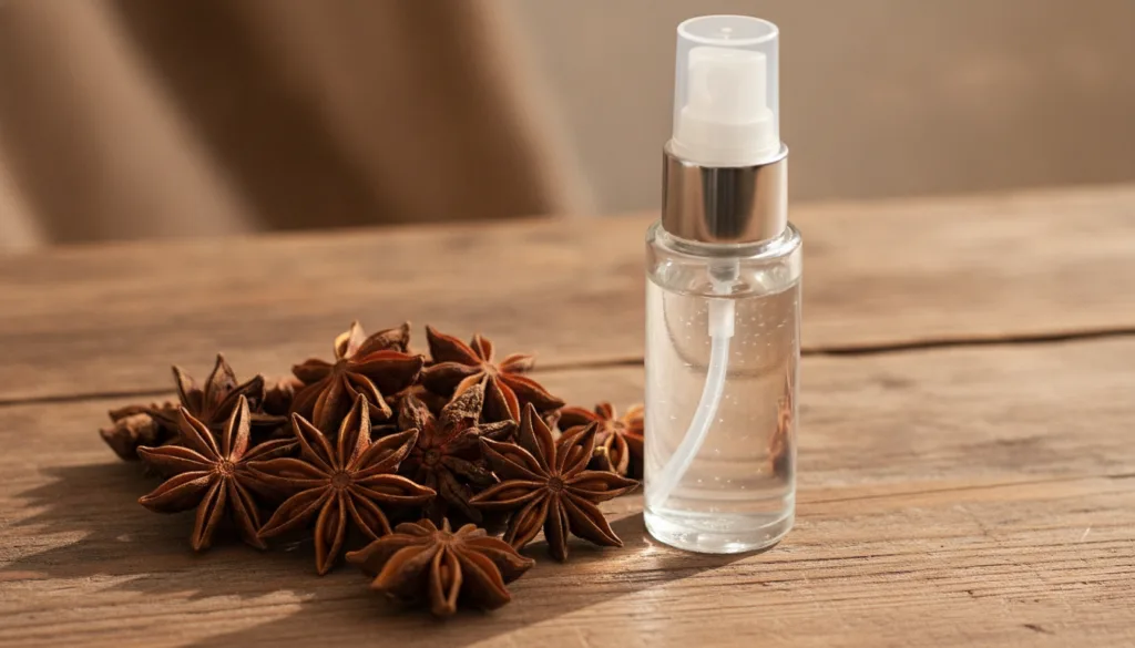 A beautiful close-up of dried star anise pods and a small bottle of homemade facial mist with a spray top surrounded by