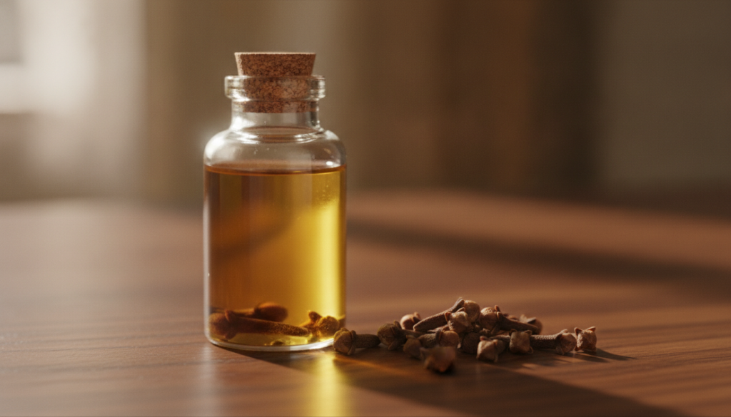 A small glass dropper bottle filled with a golden oil with a few cloves at the bottom placed on a wooden surface next to