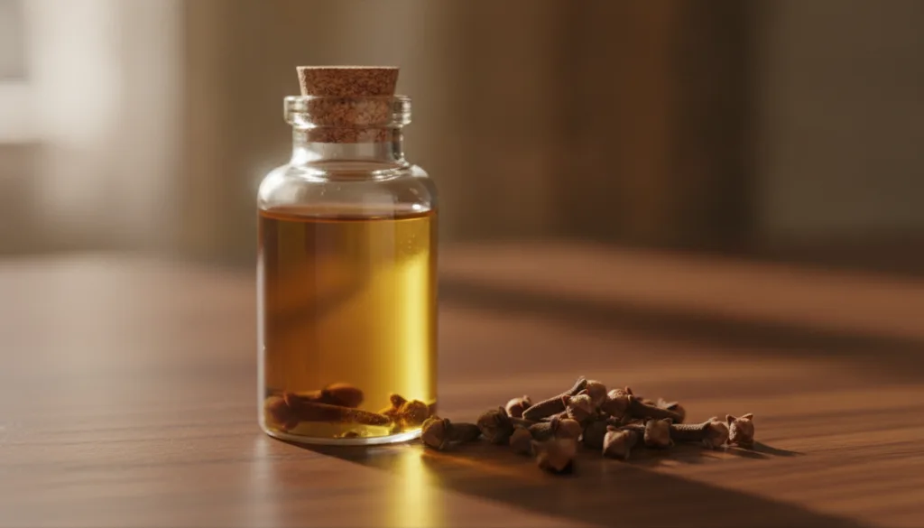 A small glass dropper bottle filled with a golden oil with a few cloves at the bottom placed on a wooden surface next to
