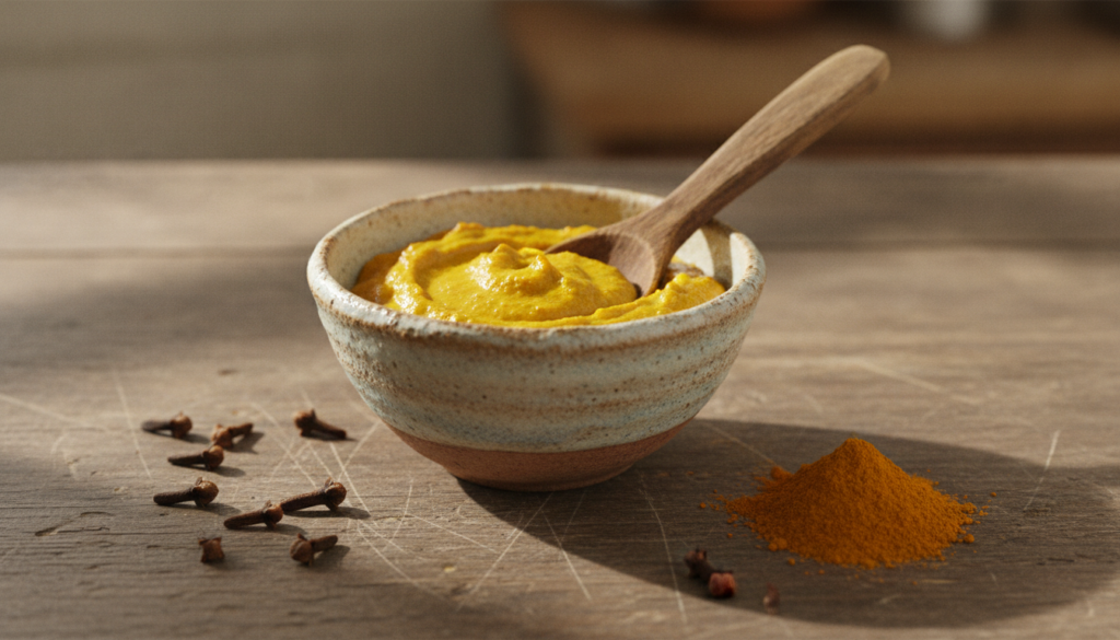 A small bowl containing a yellow paste clove and turmeric mask with a spoon surrounded by whole cloves and turmeric powd