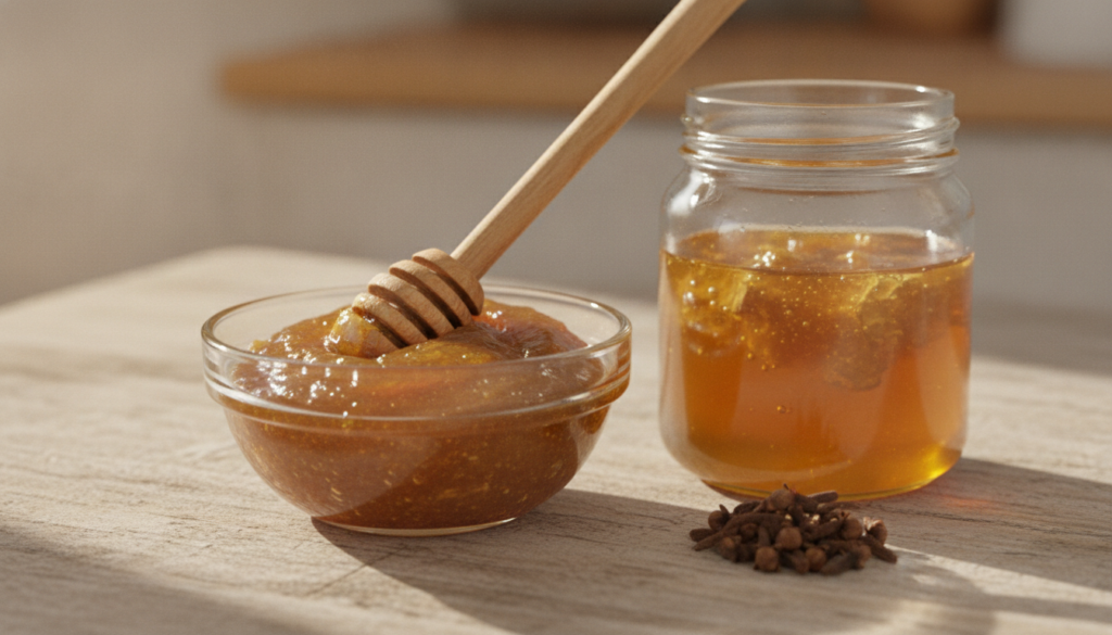 A close-up of a small bowl containing a thick honey-colored paste clove and honey face pack with a wooden stick for mixi