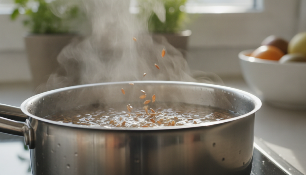 A close-up shot of flaxseeds boiling in water in a saucepan with steam gently rising capturing the natural process of ma