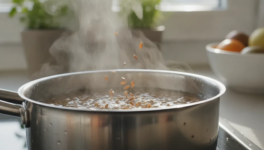 A close-up shot of flaxseeds boiling in water in a saucepan with steam gently rising capturing the natural process of ma