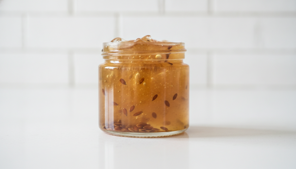 A small glass jar filled with freshly made clear flaxseed gel with a few whole flaxseeds visible at the bottom of the ja