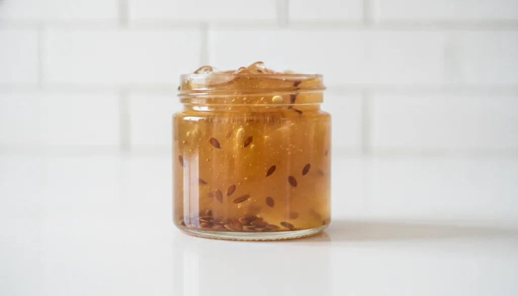A small glass jar filled with freshly made clear flaxseed gel with a few whole flaxseeds visible at the bottom of the ja