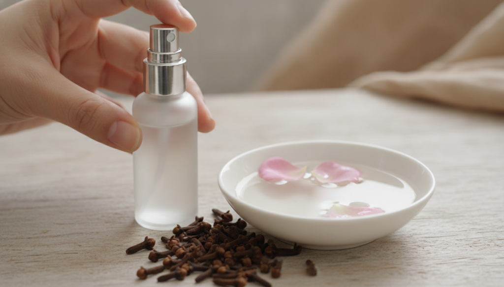 A hand holding a small spray bottle of clear toner with a few cloves visible next to a bowl of rose water and whole clov