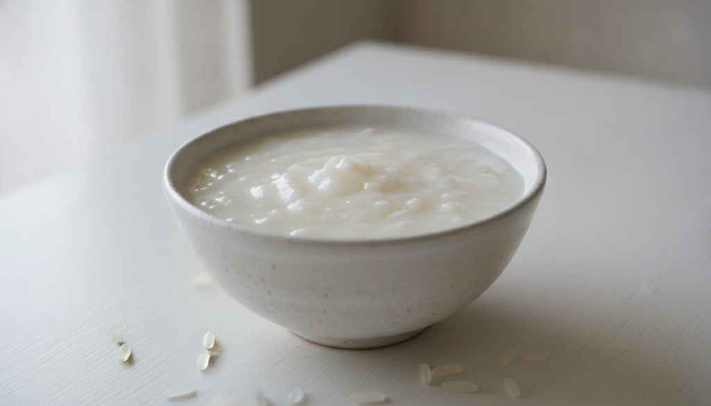 Close up of a small bowl containing a smooth white paste made from mashed rice and Vaseline with a small spatula or spoo