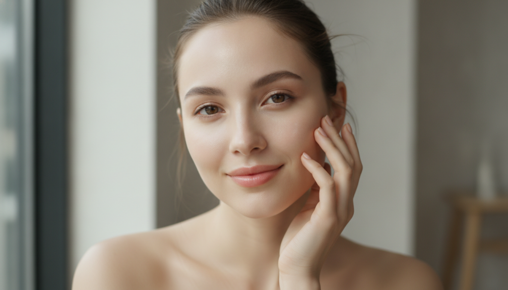 A woman with glowing smooth glass skin gently touching her cheek smiling softly with soft diffused lighting