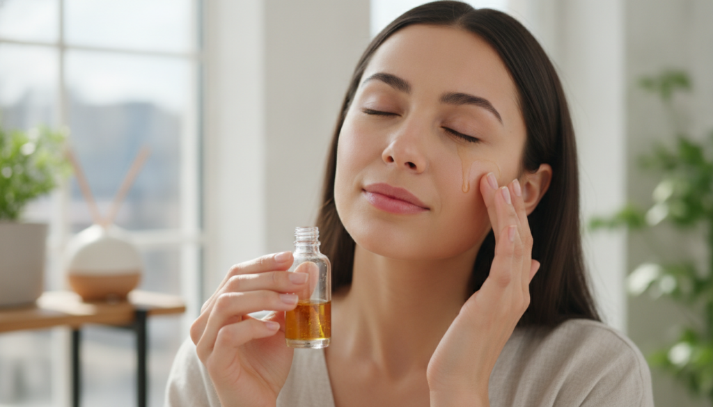 A woman gently applying a small amount of homemade infused oil to her face showing smooth glowing skin Her expression is