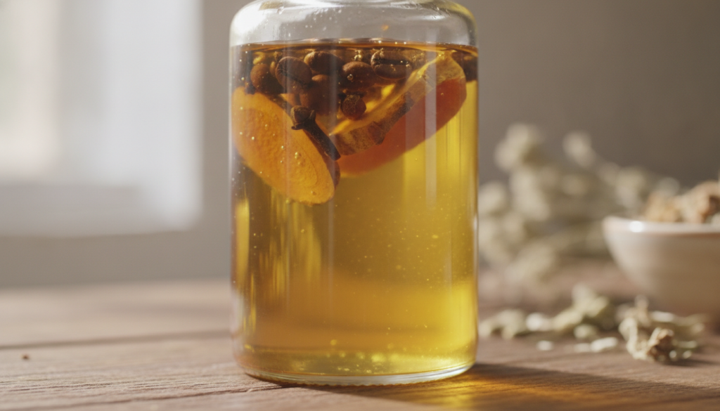 A close-up of a glass bottle filled with a light amber-colored infused oil with natural ingredients like coffee beans cl