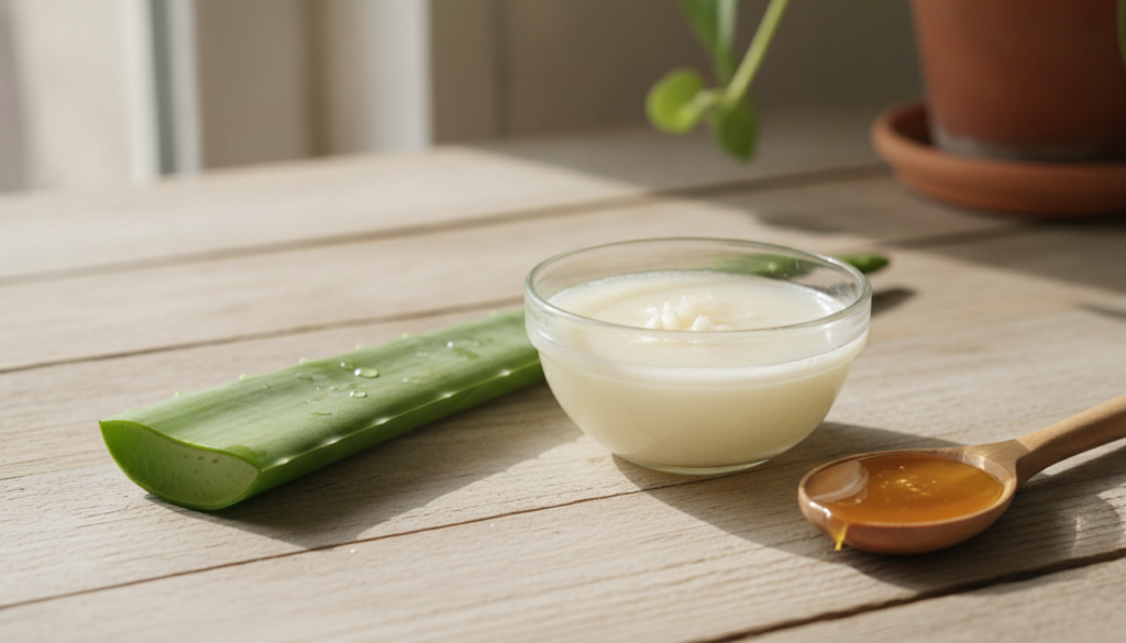 Ingredients for skin brightening gel fresh aloe vera leaf a small bowl of potato juice and a spoon of raw honey