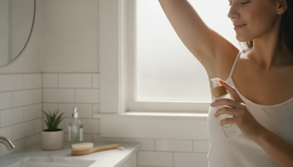 A woman applying the clear gel to her underarm looking natural and confident