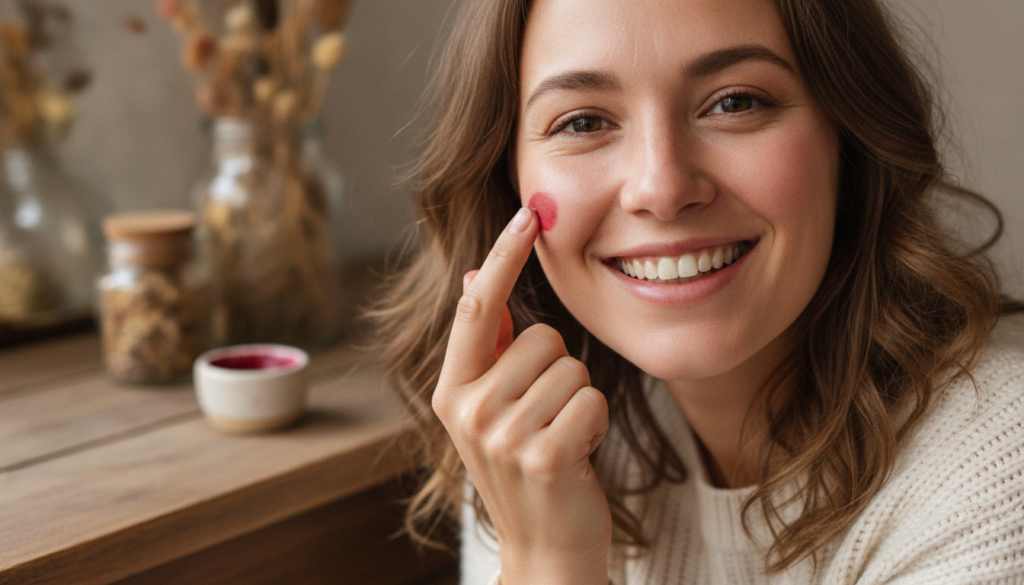 A woman smiling and gently dabbing the homemade beetroot blush balm onto her cheek with her finger showing a soft natura