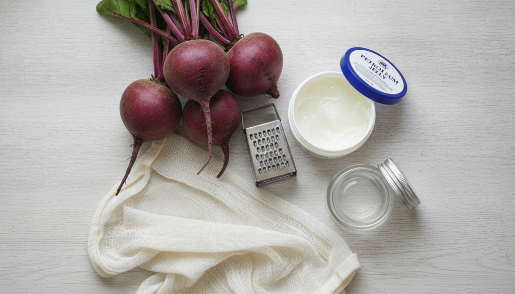 A flat lay of all the ingredients and tools needed for the DIY beetroot blush balm recipe a whole beetroot a small conta