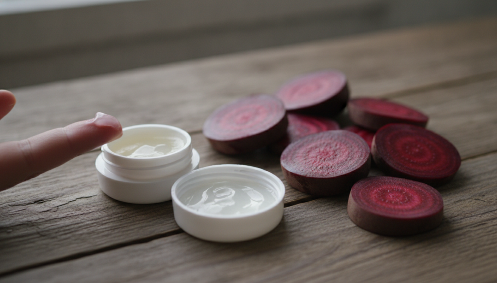 A close-up shot of fresh beetroot slices next to a small container of Vaseline with a natural soft pink blush swatch on 