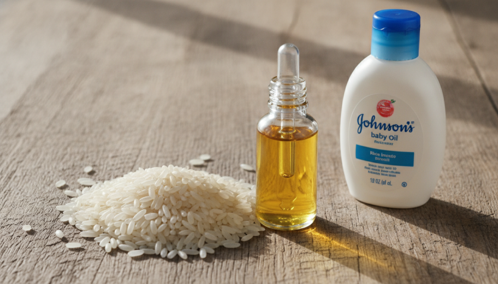 A small glass dropper bottle filled with a golden translucent rice-infused glow oil with a small pile of white rice grai