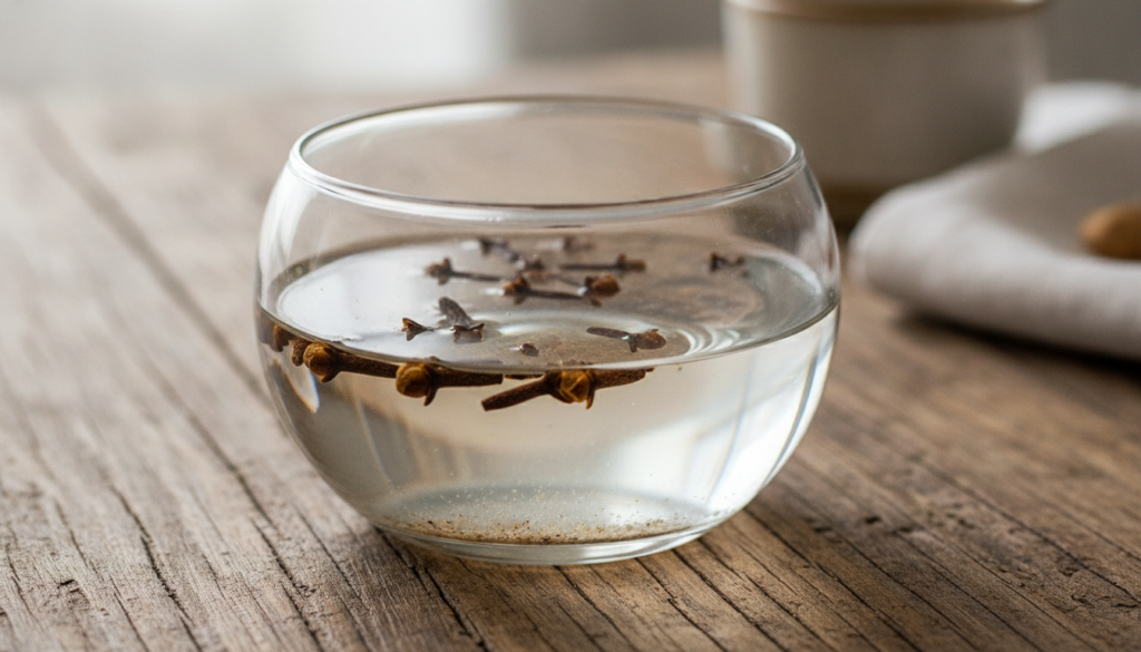Close-up of a clear glass bowl containing whole cloves and water suggesting the ingredients for the ice facial