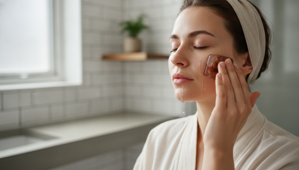 A woman gently massaging a clove ice cube over her clean face showing a refreshed and slightly glowing complexion The ba