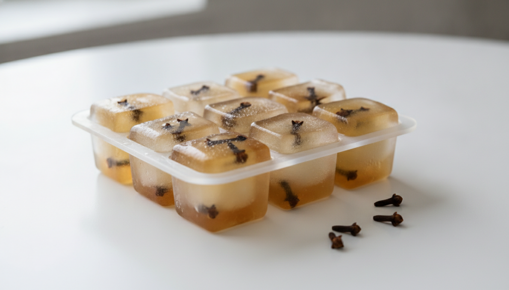 Several clove ice cubes neatly arranged in a clear ice cube tray ready for use