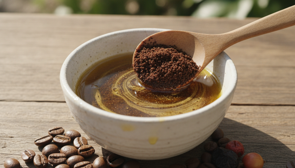 A close-up shot of coffee grounds being mixed with golden carrier oil in a small bowl with a small spoon The texture is 