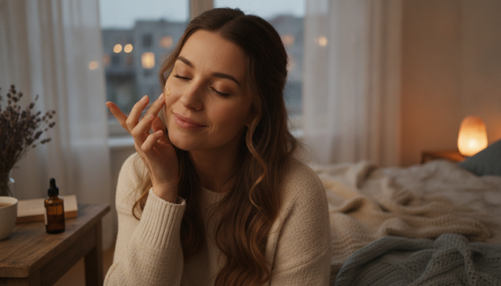A serene bedroom scene at dusk with a woman gently applying a drop of oil to her face before bed surrounded by soft ligh