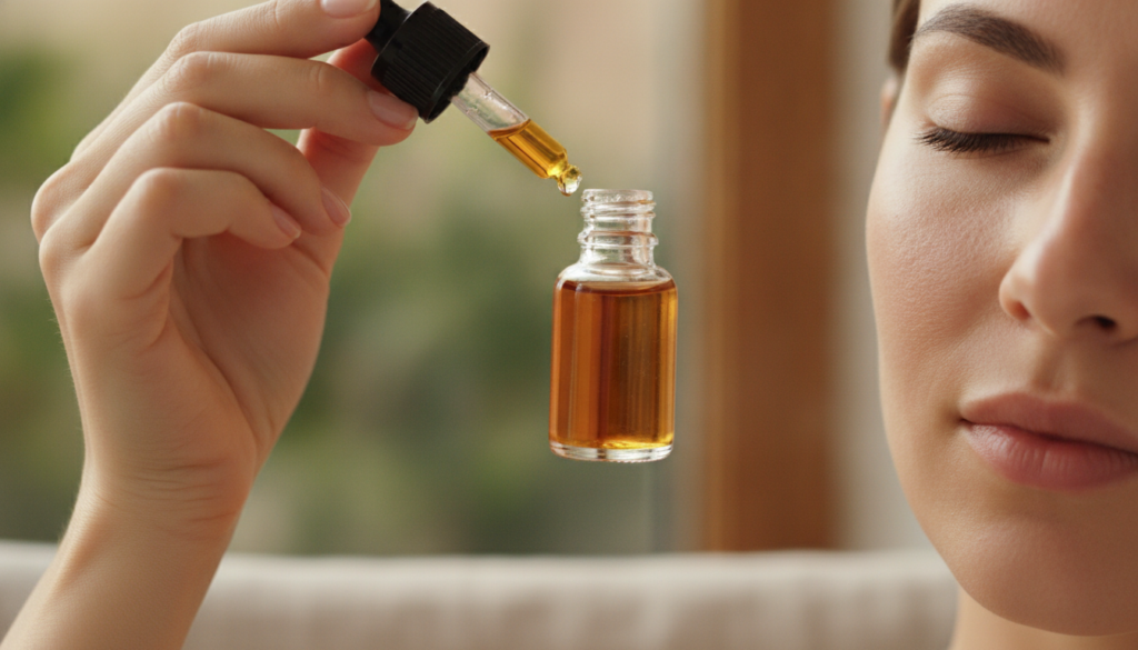 A small glass dropper bottle with golden oil held by a hand over a glowing smooth face with a soft natural background