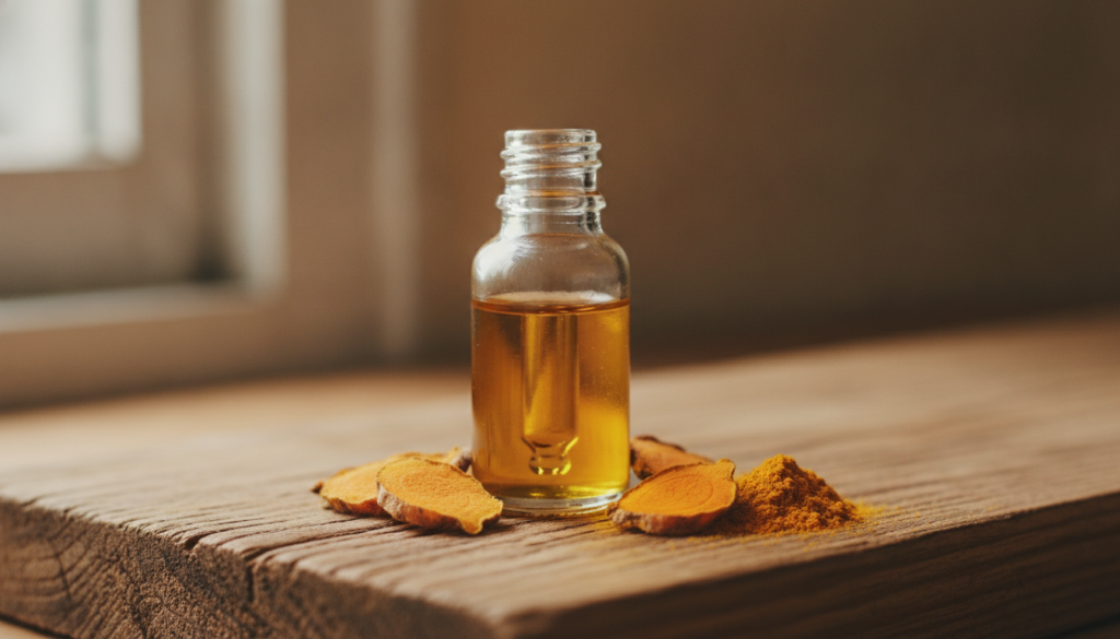 A small clear glass dropper bottle filled with golden turmeric oil placed on a natural wooden surface with a few dried t