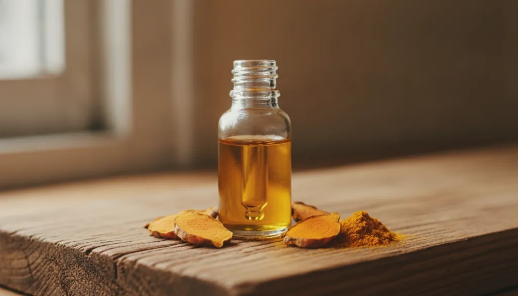 A small clear glass dropper bottle filled with golden turmeric oil placed on a natural wooden surface with a few dried t