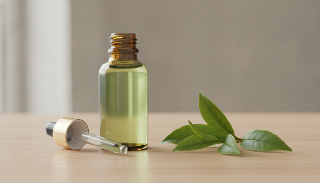 A small bottle of a green tea-infused oil with a dropper placed next to fresh green tea leaves or a small bowl of matcha