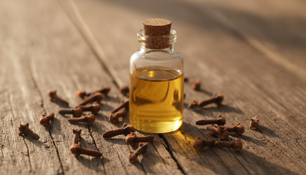 A close-up shot of whole cloves and a small bottle of natural carrier oil like jojoba or almond oil on a rustic wooden s