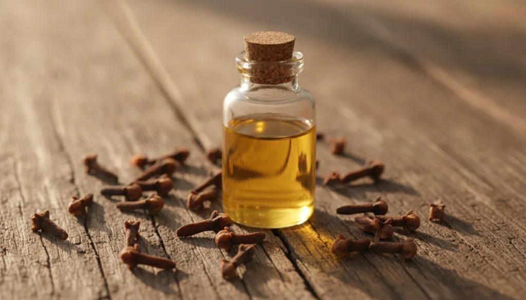 A close-up shot of whole cloves and a small bottle of natural carrier oil like jojoba or almond oil on a rustic wooden s