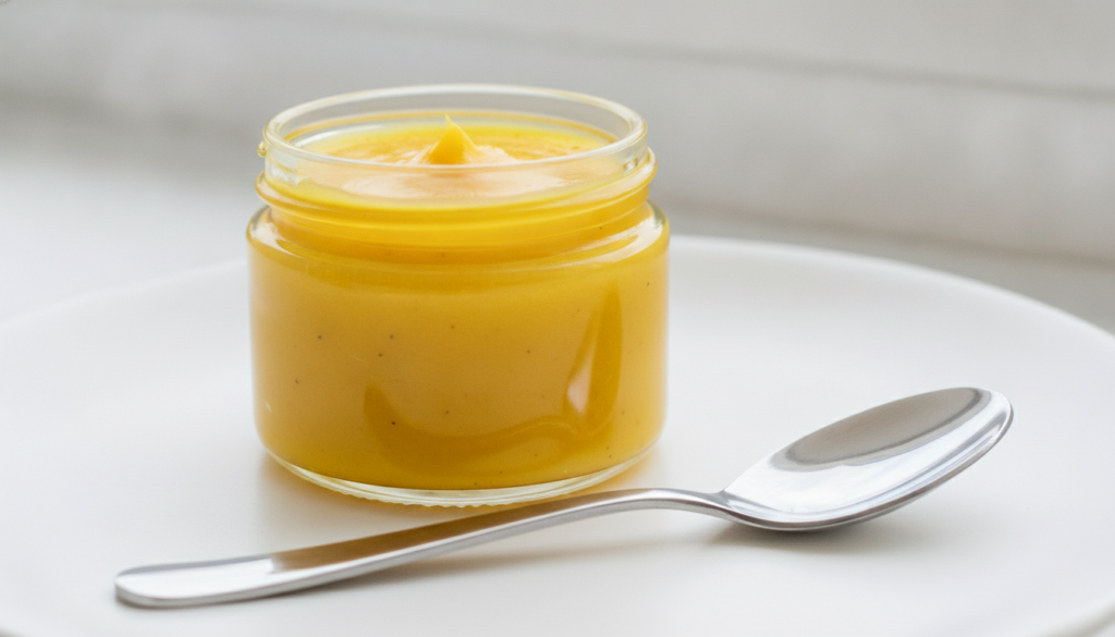 A small clean glass jar filled with a golden turmeric and Vaseline balm with a clean spoon resting beside it
