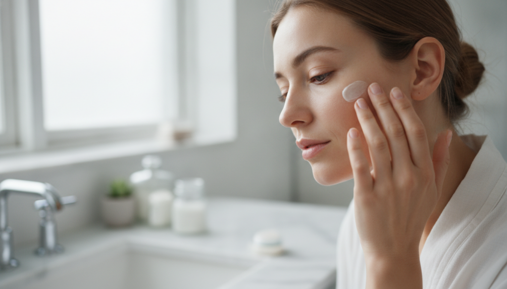 A woman gently applying a DIY facial blend to her cheek demonstrating careful application