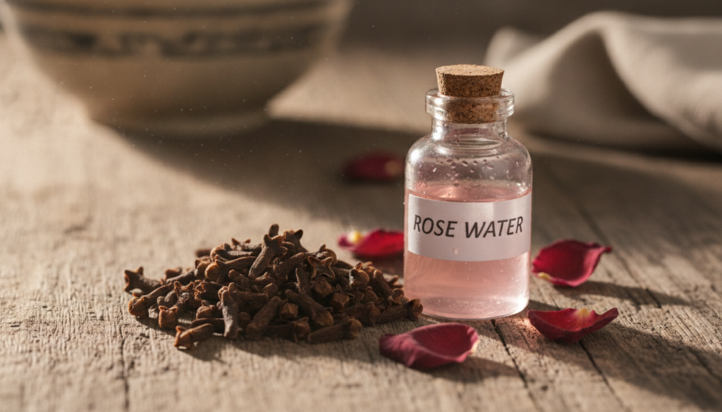 A close-up of dried cloves and a bottle of rose water on a rustic wooden surface with soft natural lighting