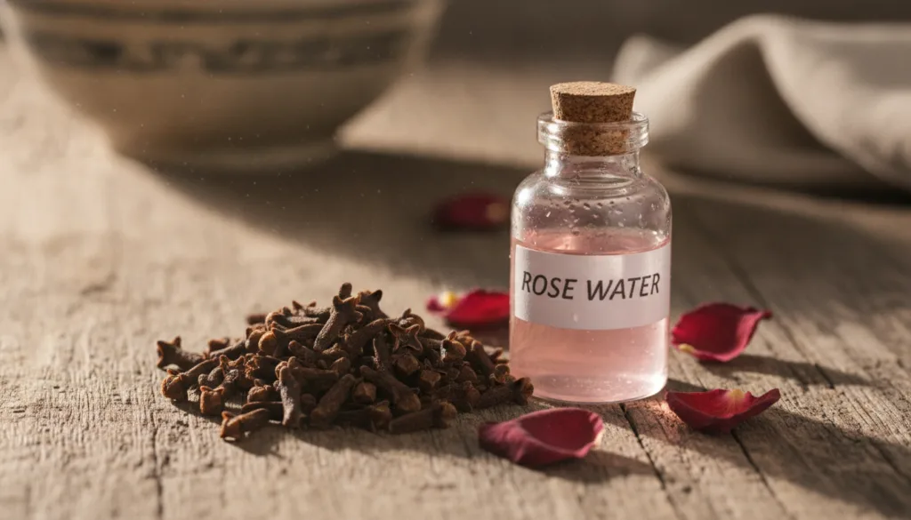 A close-up of dried cloves and a bottle of rose water on a rustic wooden surface with soft natural lighting