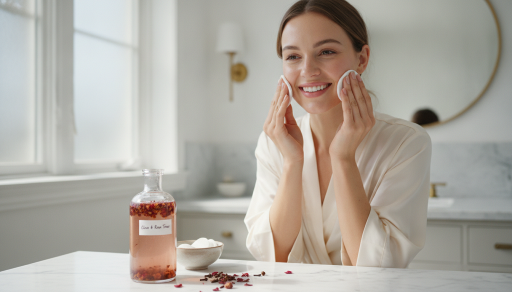 A woman gently applying a homemade clove and rose water toner to her face with a cotton pad in a bright natural setting