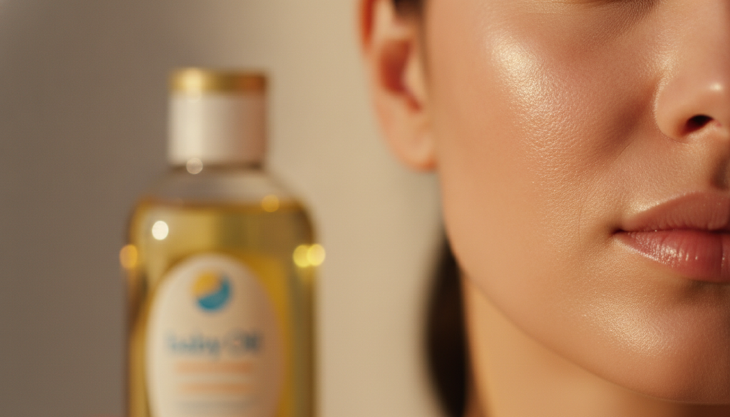 A close-up of healthy glowing skin with a bottle of baby oil in the soft-focus background suggesting natural beauty and 