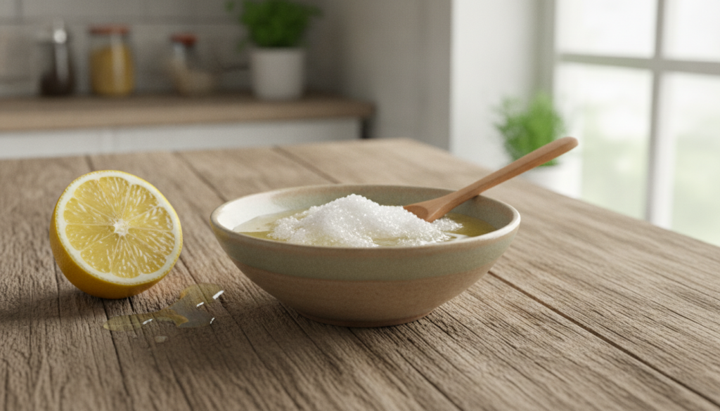 Ingredients for a DIY scrub a bowl with baby oil sugar and lemon slices on a rustic wooden surface