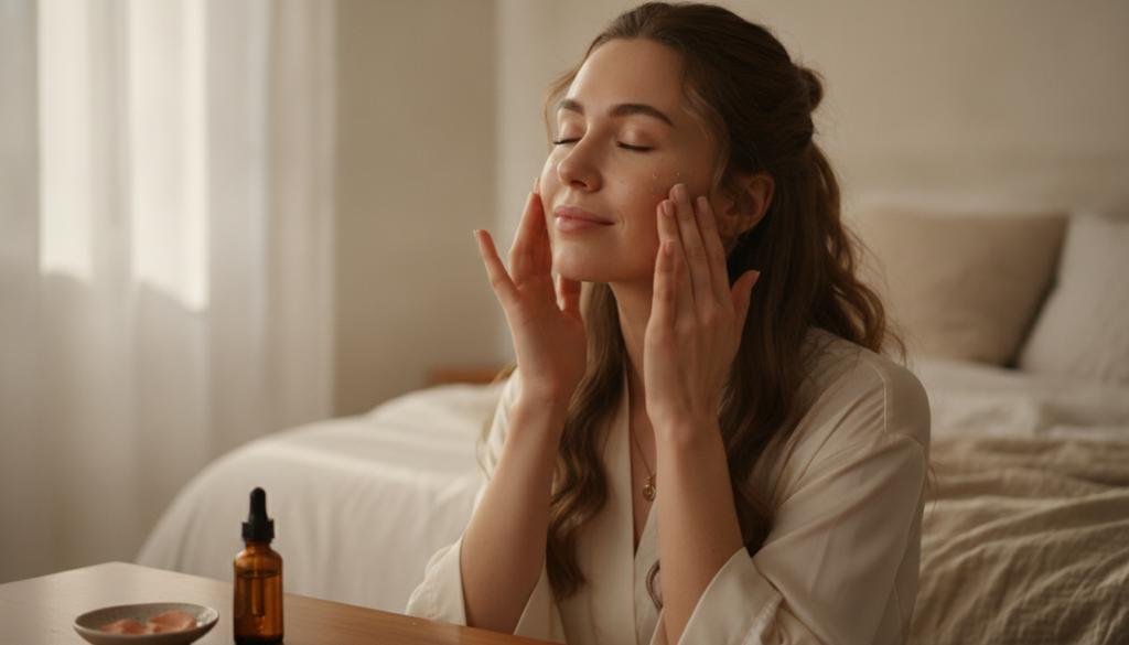 A woman gently massaging her face with her fingertips applying a few drops of oil with a serene expression