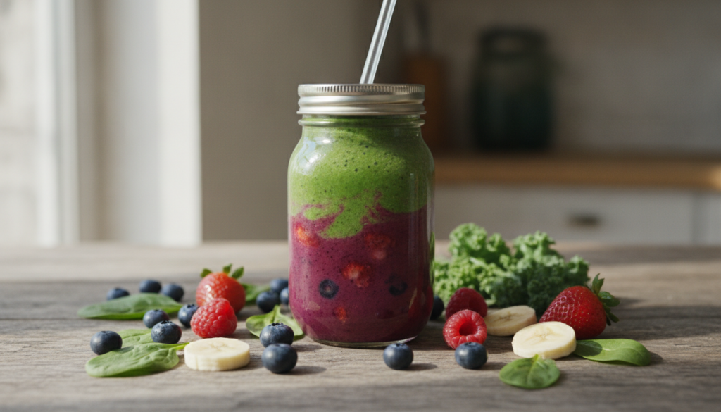 A vibrant colorful smoothie in a glass jar surrounded by fresh fruits and vegetables like spinach berries and bananas on