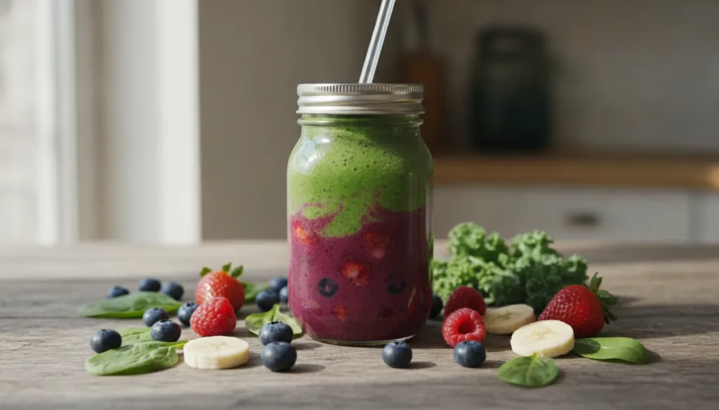 A vibrant colorful smoothie in a glass jar surrounded by fresh fruits and vegetables like spinach berries and bananas on