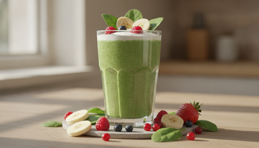 A close-up shot of a vibrant green smoothie in a glass with fresh spinach banana and a few berries scattered around on a