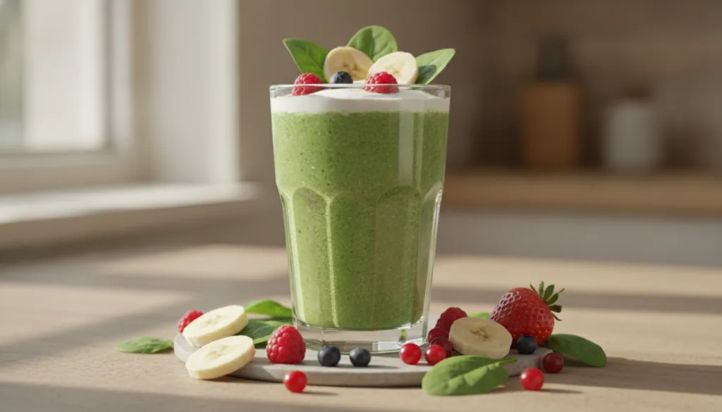 A close-up shot of a vibrant green smoothie in a glass with fresh spinach banana and a few berries scattered around on a