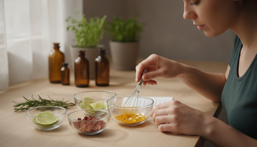 A woman is mixing baby oil with natural ingredients like vitamin E capsules lime slices and turmeric powder in small bow